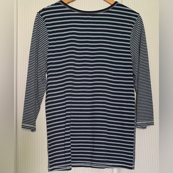 Anne Klein - Blue On Blue Striped V-neck Top With 3/4 Length Sleeves - Medium - Picture 2 of 8